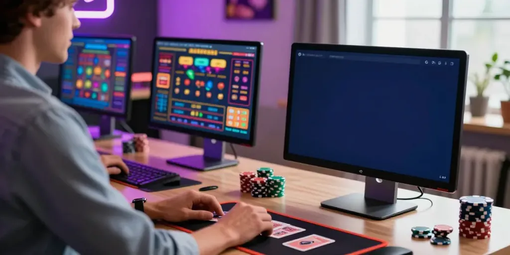 Joueur explorant des jeux de casino en ligne dans un environnement moderne.