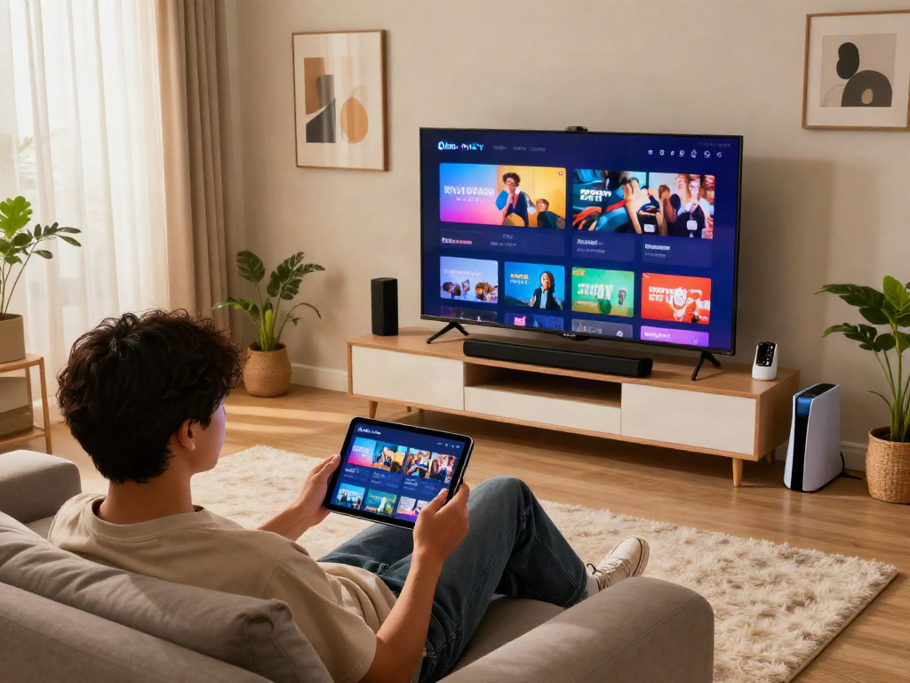 Navigation de l'application Atlas Pro ONTV sur une tablette dans un salon moderne, ambiance chaleureuse et confortable.