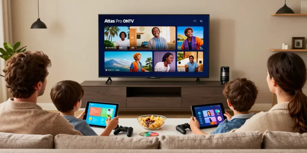 Famille profitant d'Atlas Pro sur leur télévision avec ambiance chaleureuse.