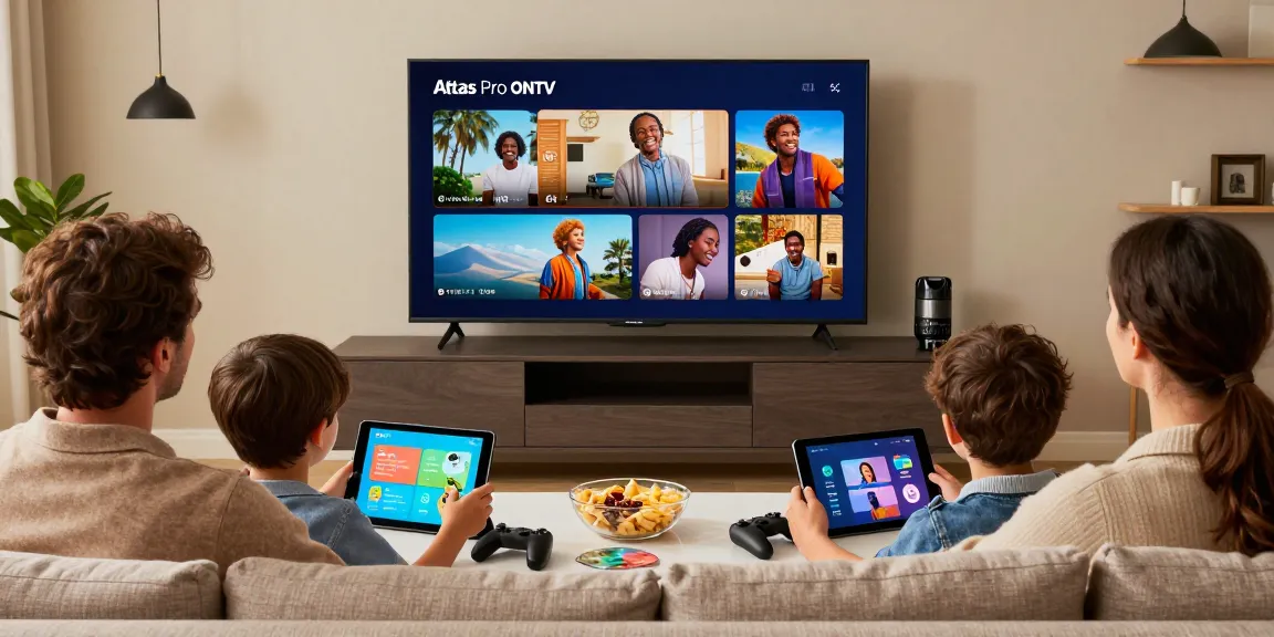 Famille profitant d'Atlas Pro sur leur télévision avec ambiance chaleureuse.