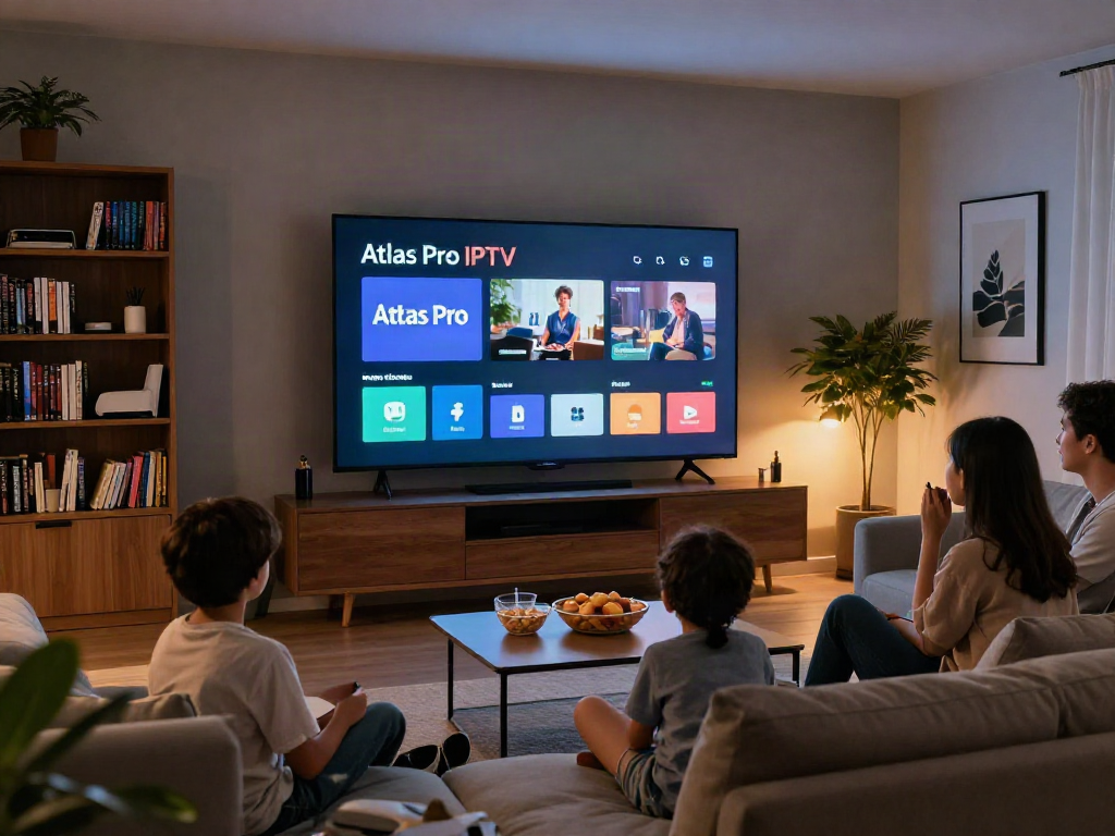 Expérience familiale avec atlas pro iptv dans un salon moderne, appréciant une soirée cinéma.