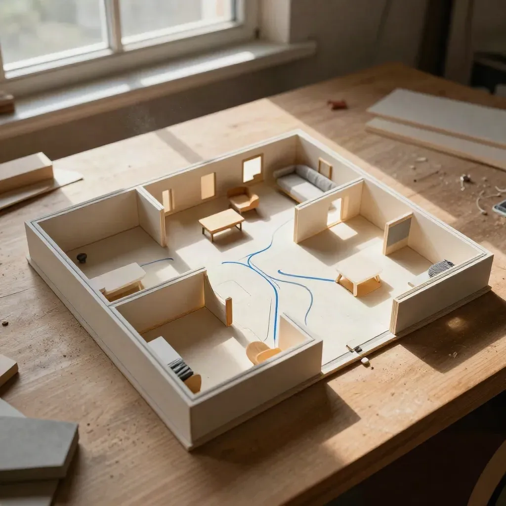 Plan 2D en MDF vu du dessus, avec circulation creusée et volumes sobres sur un établi lumineux.