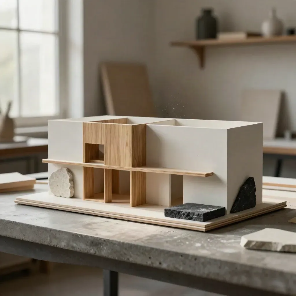 Maquette de façade, fragments de pierre et volume intérieur fini dans un atelier lumineux.