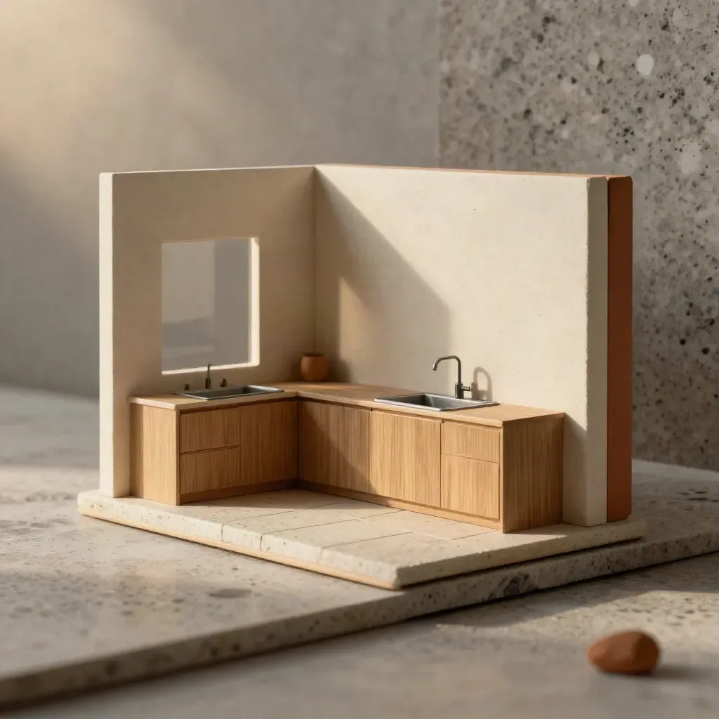 Diorama d’intérieur réaliste avec cuisine minimaliste, pierre et vitrage fumé.