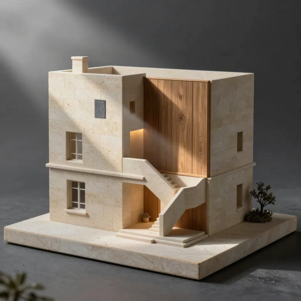 Maquette de rénovation d’une maison de ville, lumière froide du matin, matériaux pierre et chêne.