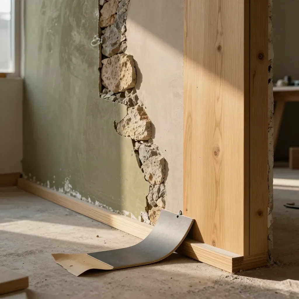 Coupe de mur en rénovation, brut et fini bois-enduit, poussière légère, angle de sol neuf.