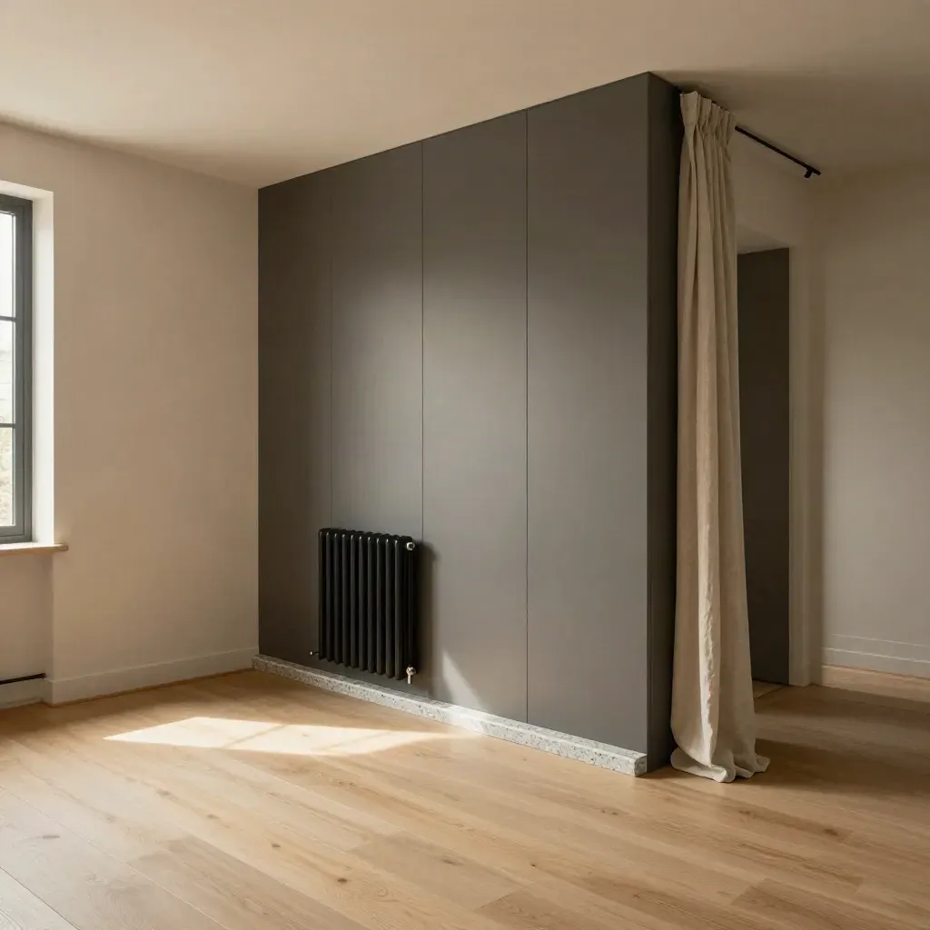Intérieur rénové à Lille, sol bois clair, rangements graphite et lumière douce en poussière.