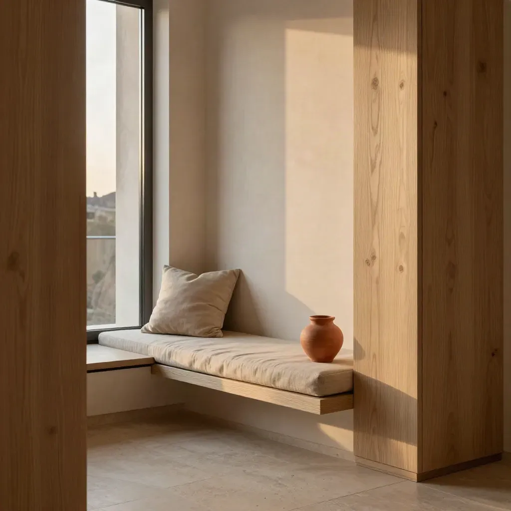 Salon rénové à Nantes, bois clair, murs enduits, banquette intégrée et grande lumière.