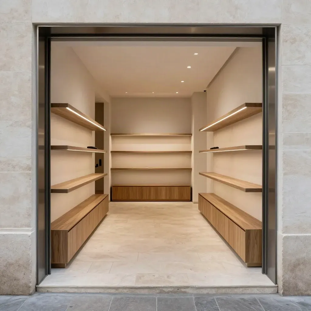 Boutique moderne à Lyon, circulation centrale claire et rayonnages bas en pierre et métal.