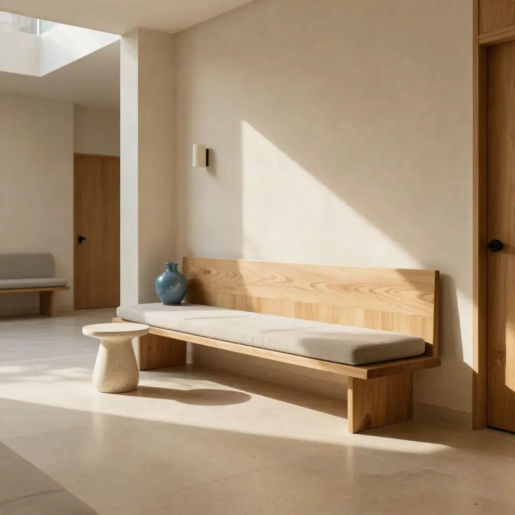 Accueil de cabinet à Montpellier, banquette bois, table pierre et applique discrète