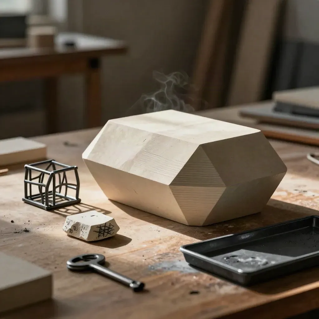 Fragments de prototype 3D en résine sur établi, lumière dramatique et textures nettes.