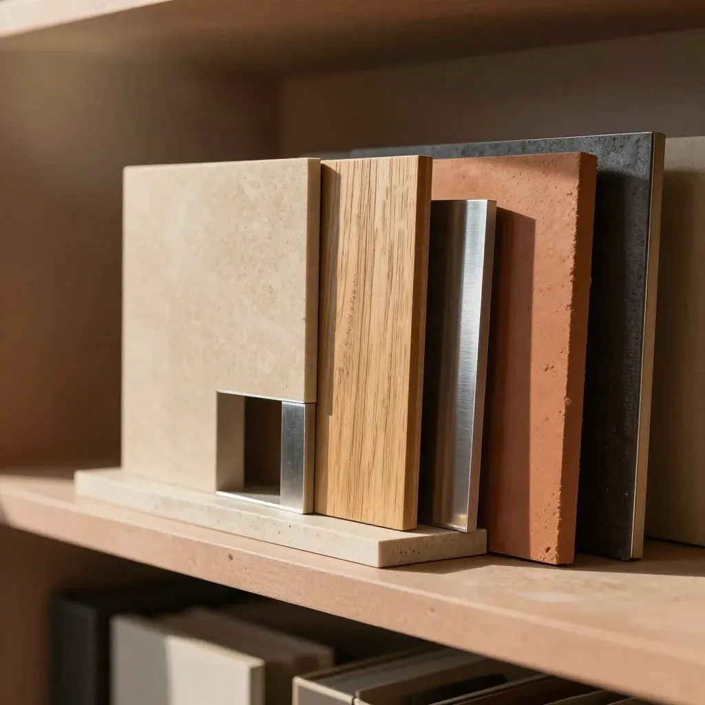 Kit de matières d’architecture en gros plan avec pierre, bois et métal sur support terracotta.