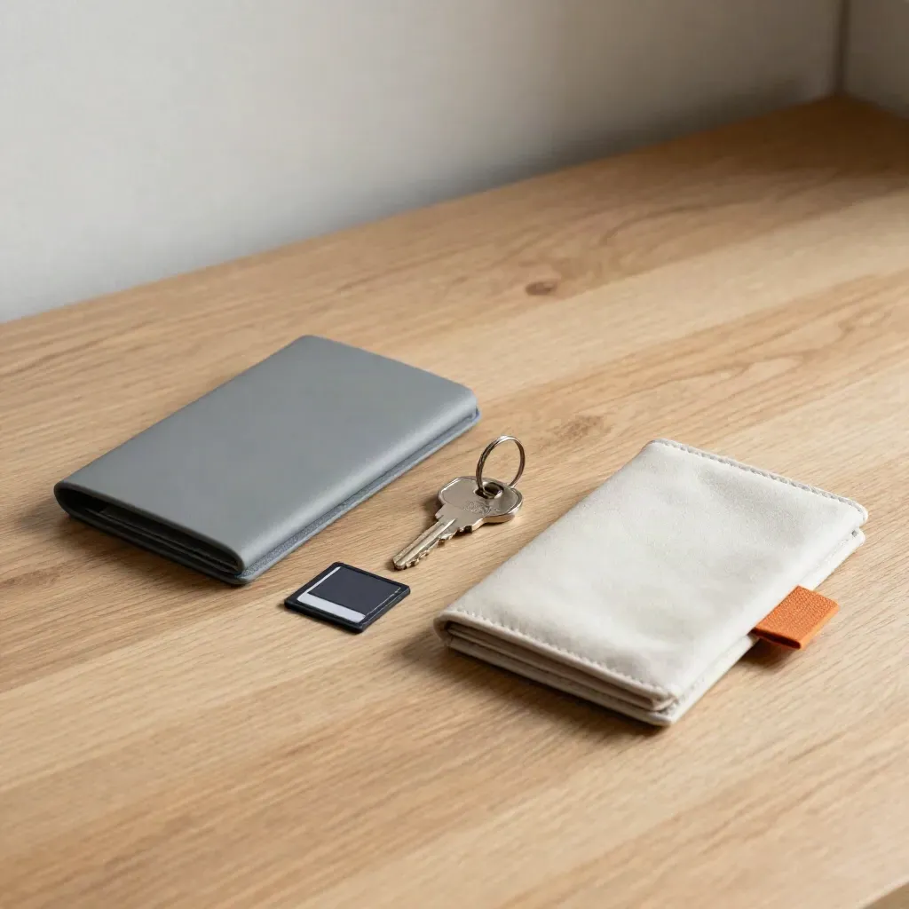 Kit d’accueil architectural sur bois clair avec clé, carte mémoire, pochette et étui photo.