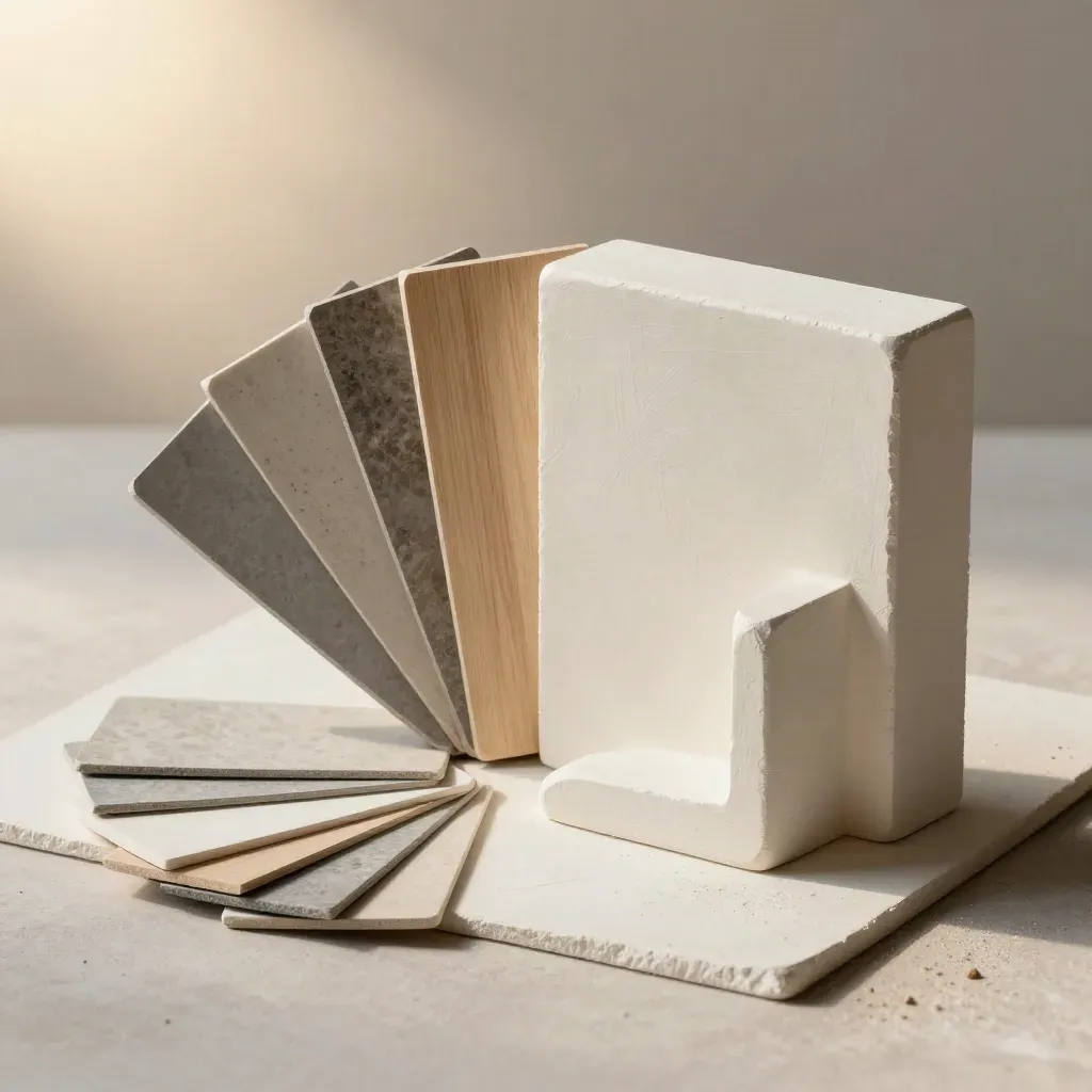 Maquette de projet, nuancier et angle de mur en plâtre sur fond ivoire doux.
