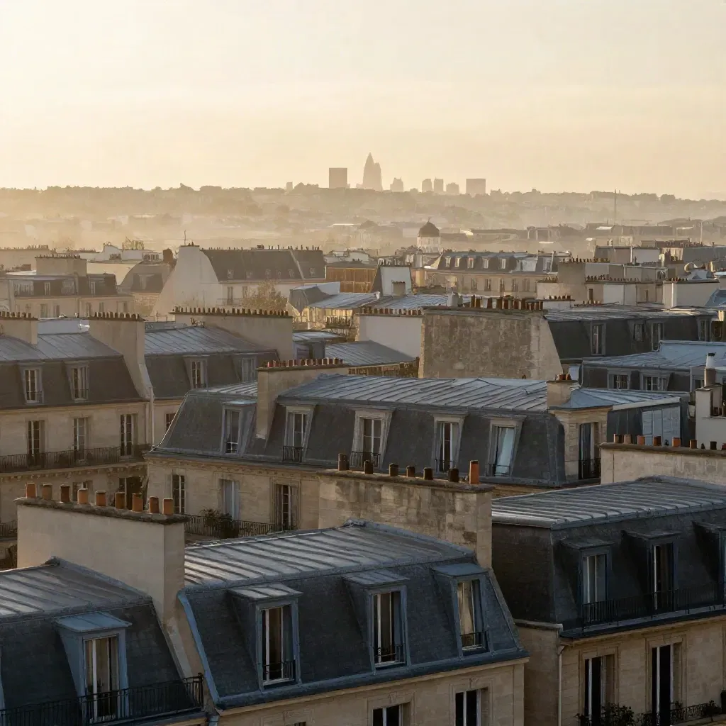 Toits haussmanniens de Paris dans la brume dorée de l’aube, skyline lointaine au-dessus