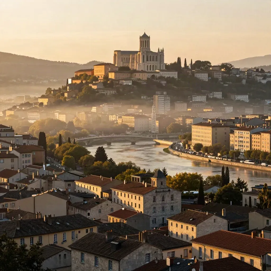Vue dorée de Lyon avec Fourvière, toits ocre et brume sur les vallées.