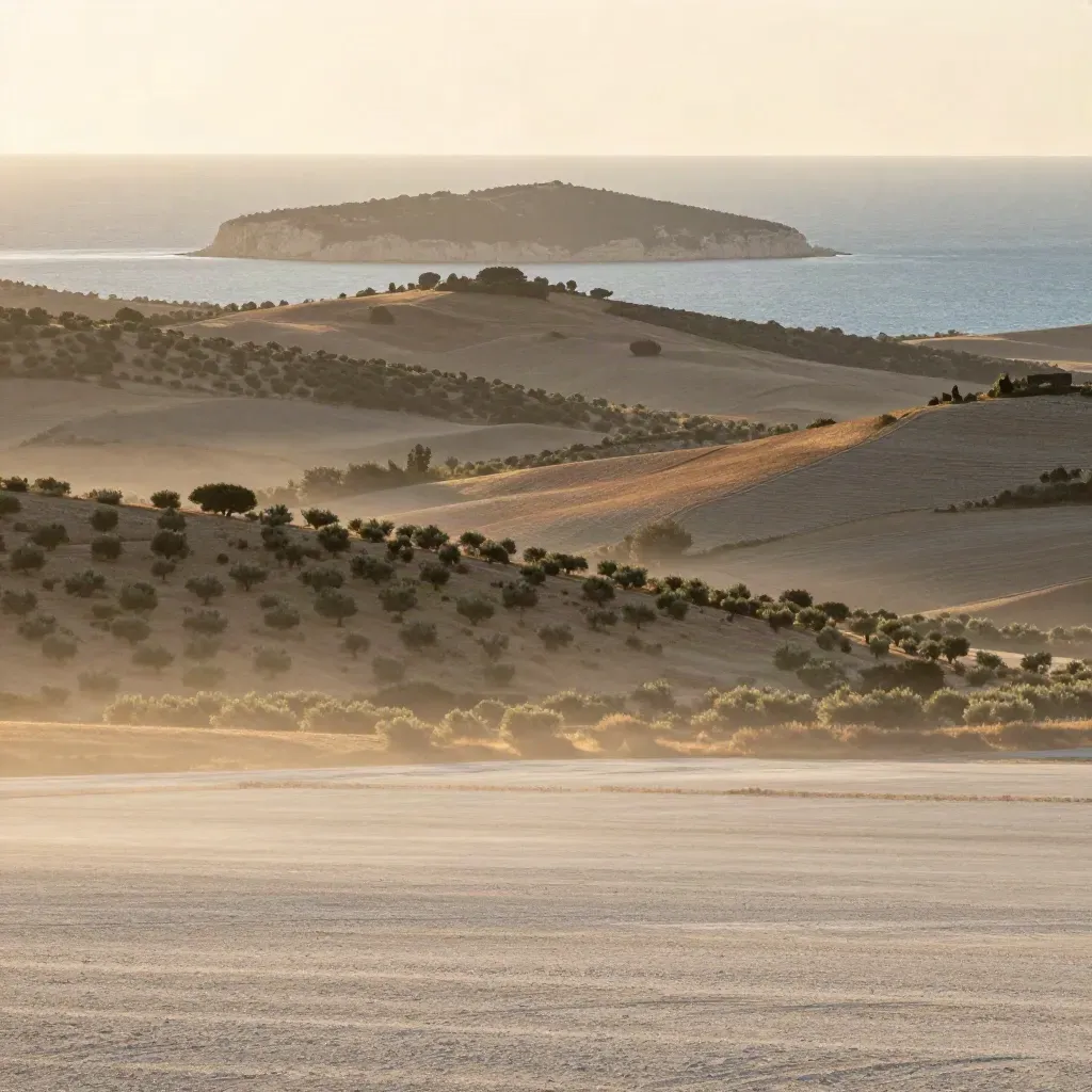 Vue large de la côte provençale dans la brume salée, collines sèches et mer bleu acier.